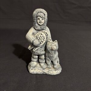 Vtg. Stone Ceramic Alaska Glacial Ice Age Sculpture Gray Inuit Figurine with Dog